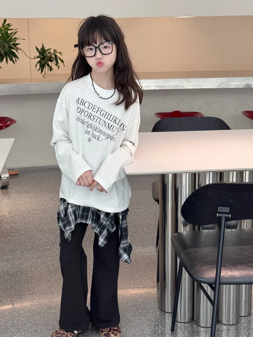 2025秋款女童格子裙摆休闲微喇裤25582