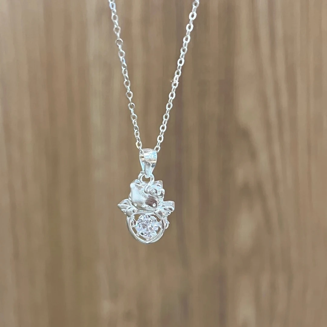 坠链均足银 合成锆石 足银Kt猫灵动的心纯银项链可爱百搭少女