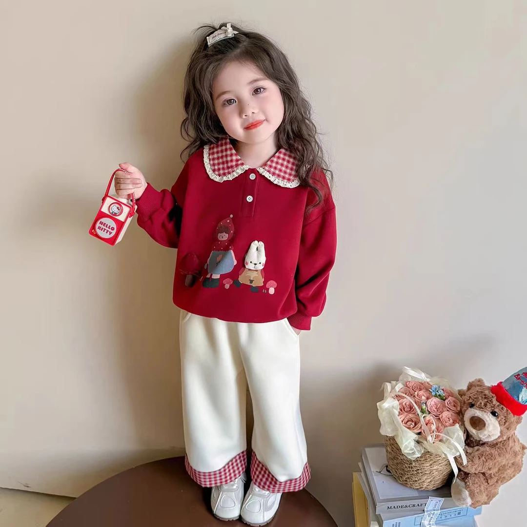 女童秋套装洋气长袖翻领拼色卫衣立体玩偶蘑菇卫衣套装休闲两件套