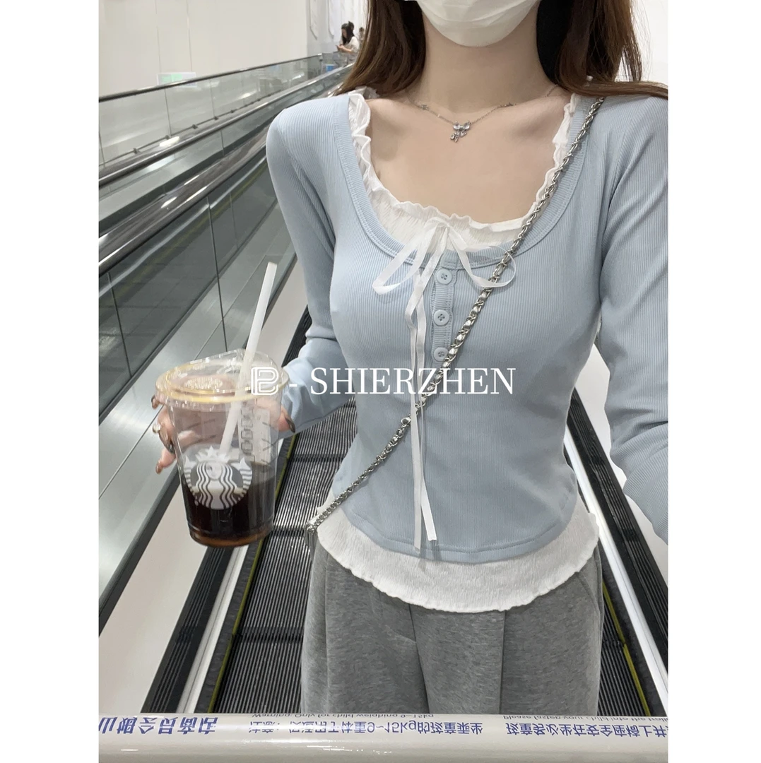 2025早春韩版撞色拼接纯欲甜美假两件设计感长袖内搭T恤上衣女