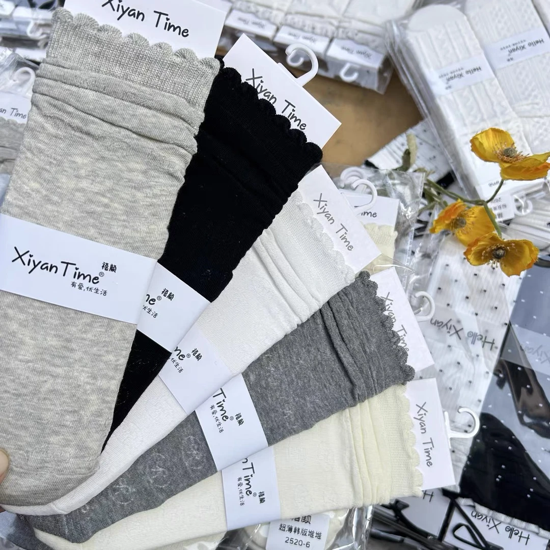 【小张精选】禧颜春夏纯色堆堆袜韩版学院风蝴蝶结简约木耳边中筒袜