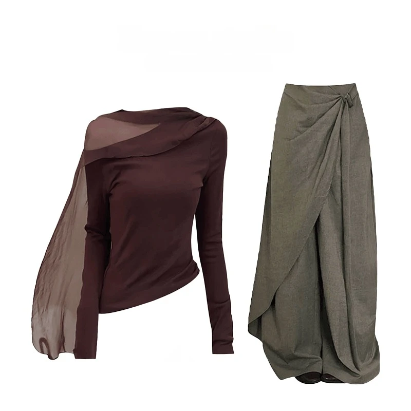 2025秋季美拉德斜肩露肩网纱飘带针织衫设计感宽松阔腿长裤套装女