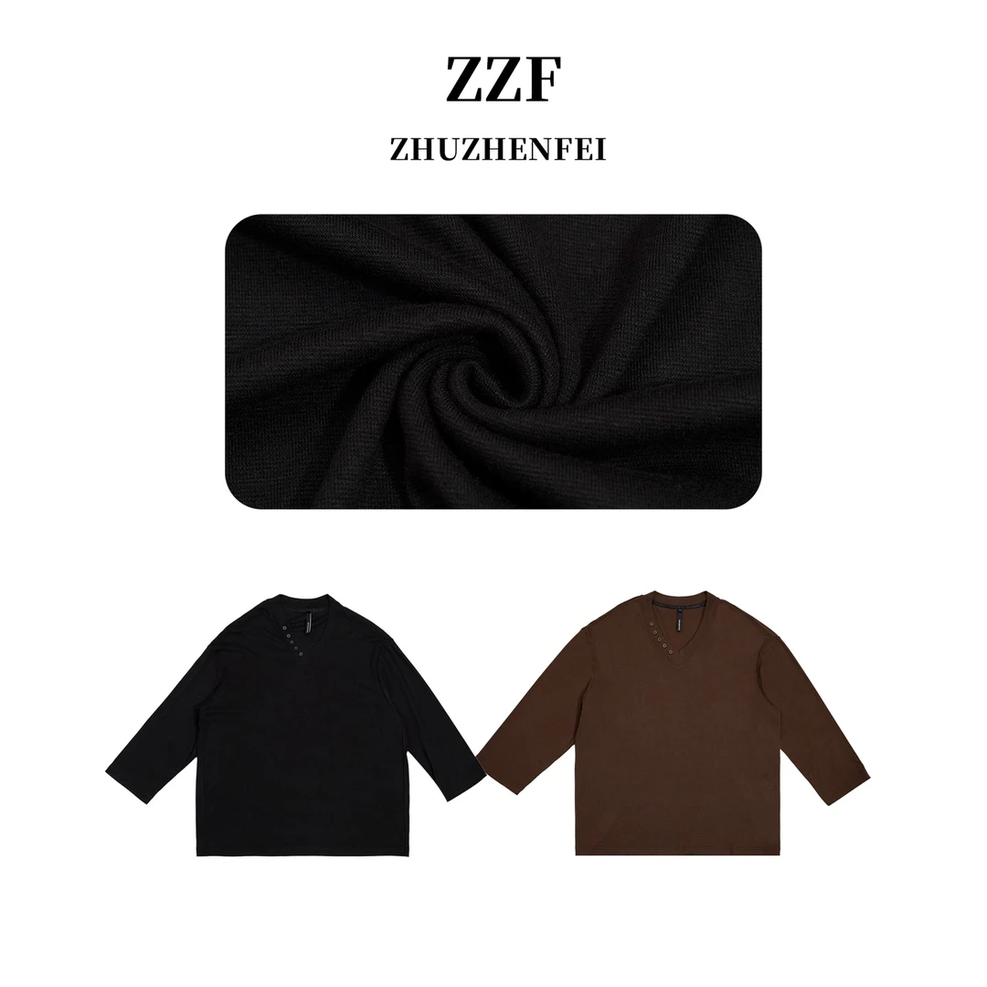 ZHUZHENFEI【尽情自我】两色V领扣子透气百搭休闲长袖T恤Z351007