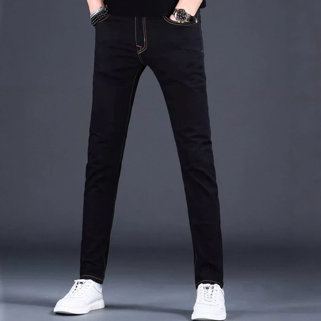 高定重工Y刺绣秋冬新加绒弹力修身潮牌黑色修身小直筒百搭男士长