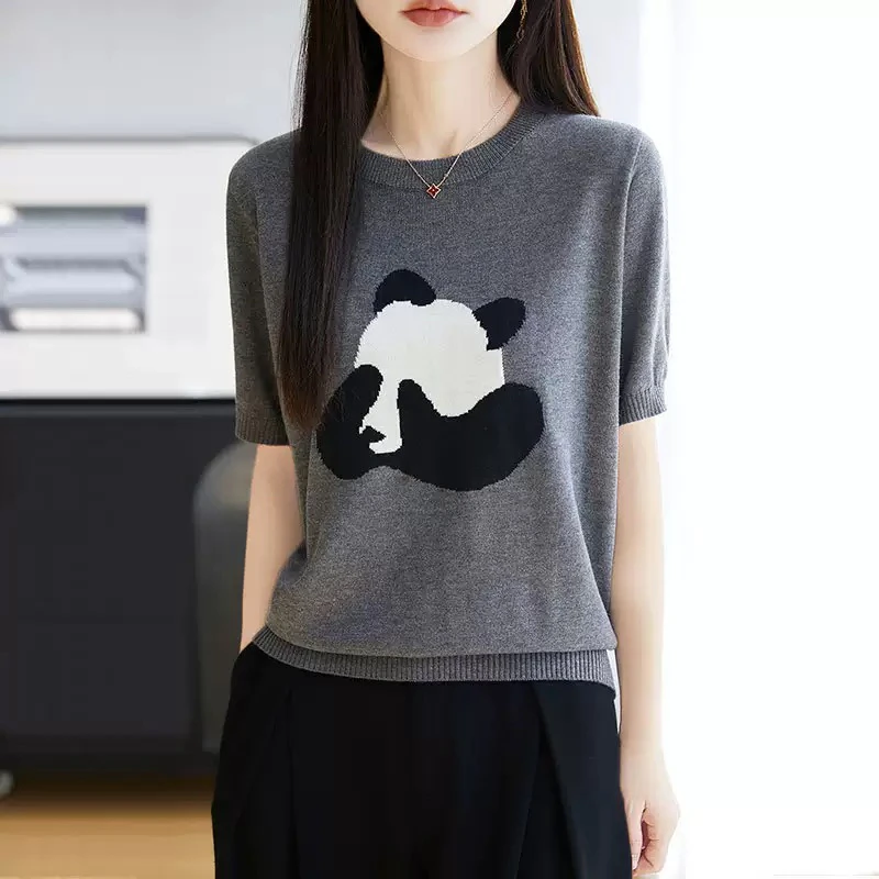 2025新款韩系时尚圆领短袖针织上衣女宽松遮肚气质卡通熊猫T恤衫
