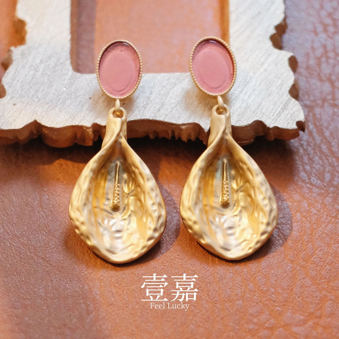 黄铜珐琅耳饰 壹嘉 黄铜耳饰 法式小众设计梅子色石头花叶耳环LY3