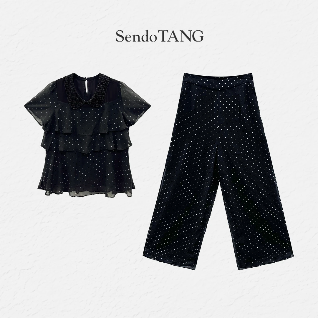 波点套装【点点滴滴】胖多女装新款时尚高级感上衣休闲裤套装