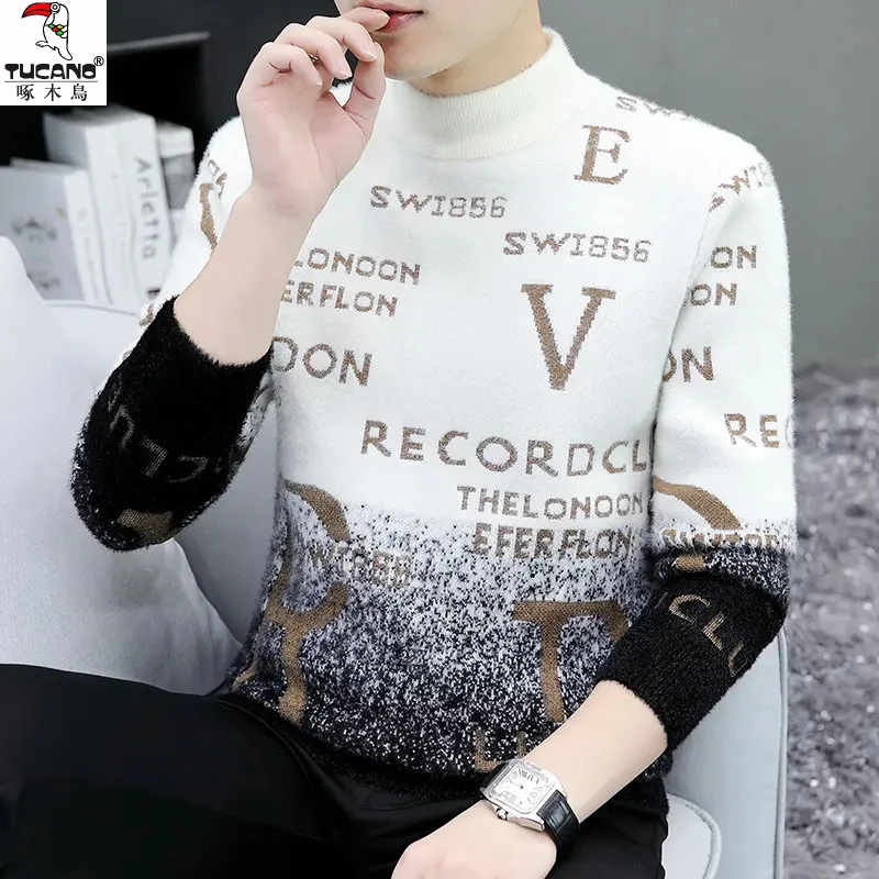 啄木鸟男士毛衣秋冬新款潮流渐变色针织衫半高领套头上衣保暖打底