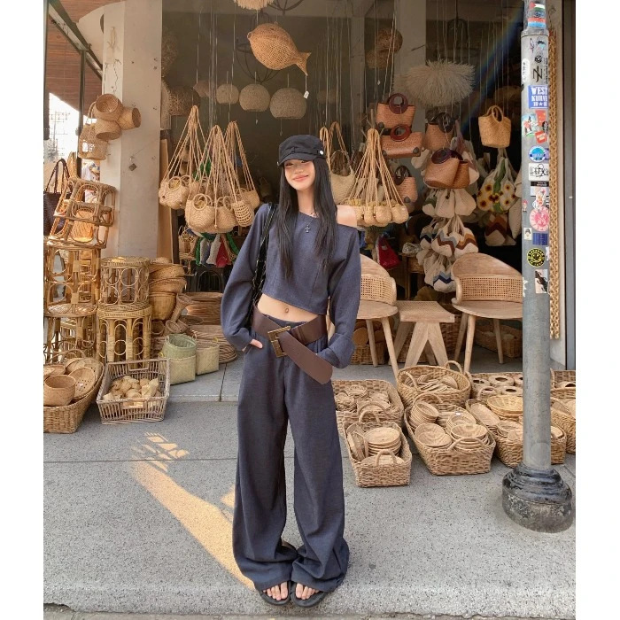 休闲套装纯色斜肩长袖T恤上衣女春季高腰显瘦阔腿裤拖地裤两件套