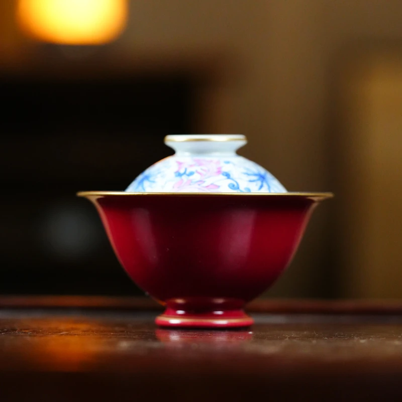 阿茶 红尾花盖碗（华隐S0896）