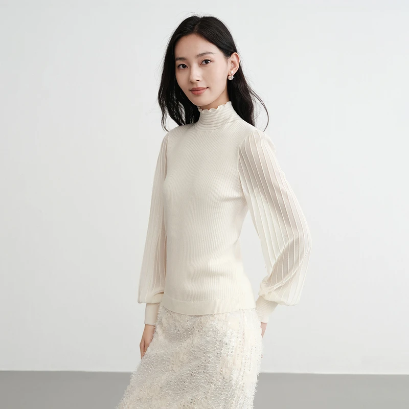 EP雅莹2025早秋新款女装 绵羊毛高领木耳边修身毛衣针织衫9936A