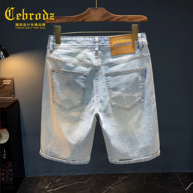 法国Cebrodz薄款短裤男夏季修身直筒五分牛仔裤重洗水磨色复古男