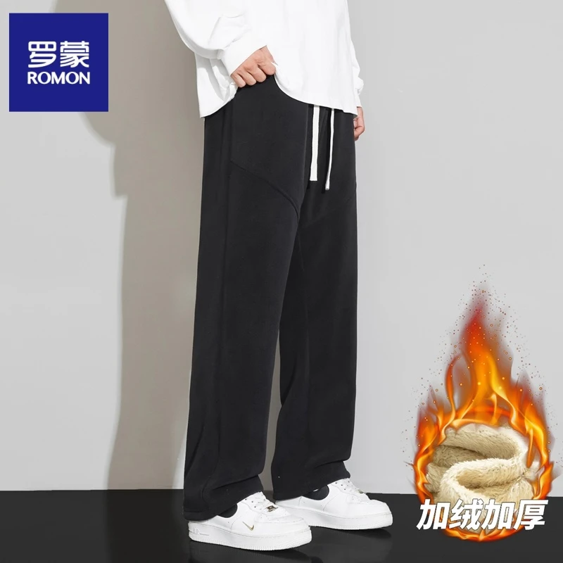 Romon/罗蒙北极绒裤子男士秋冬季加绒加厚冬款宽松休闲棉裤