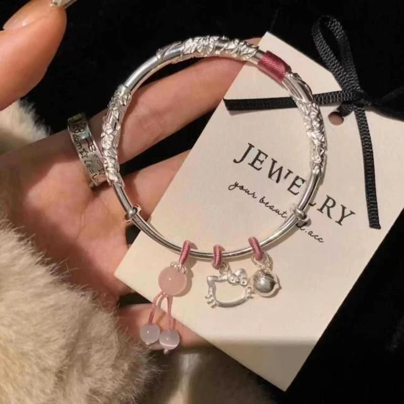 繁花似锦Kitty银手镯女实心小众年轻款镯子送女友批发