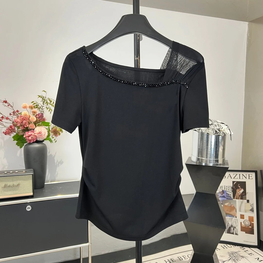 2025夏季新款不规则网纱拼接钉珠休闲短袖女士百搭T恤