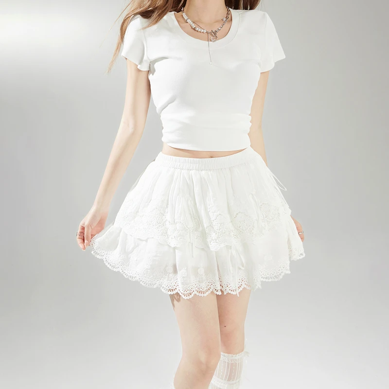 Busrr白色短裙女芭蕾风蓬蓬蕾丝边蛋糕裙2025年夏季气质高腰a字裙