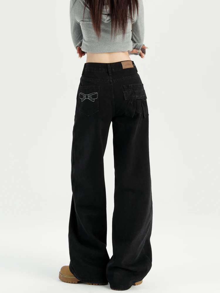 慵懒感黑色窄版阔腿牛仔裤秋季大码胖mm高腰宽松显瘦垂感直筒裤子