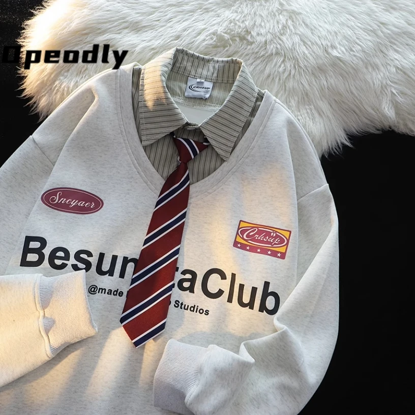 Opeodly美式学院风POLO领带假两件卫衣男女学生秋冬宽松设计百搭