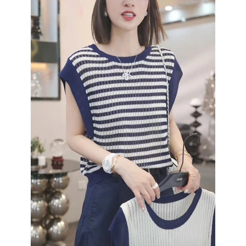 圆领设计感无袖背心条纹针织衫女夏季2025新款薄款休闲宽松上衣潮