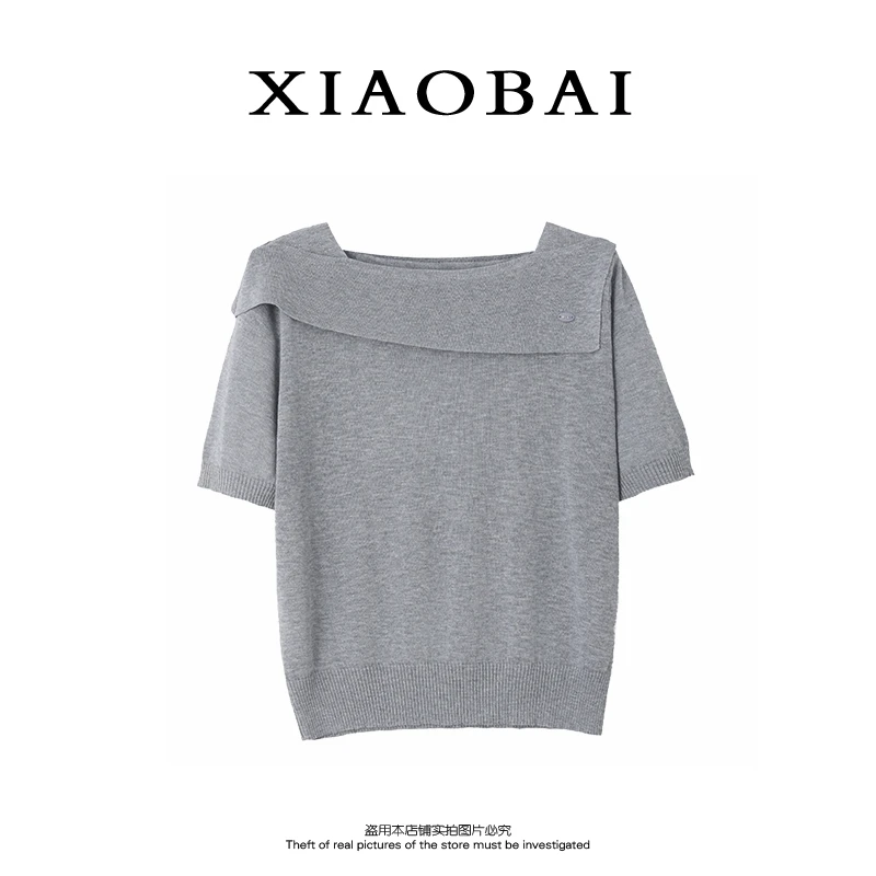 XIAOBAI 三色不规则针织衫夏季时尚一字领短袖设计感纯色T恤上衣