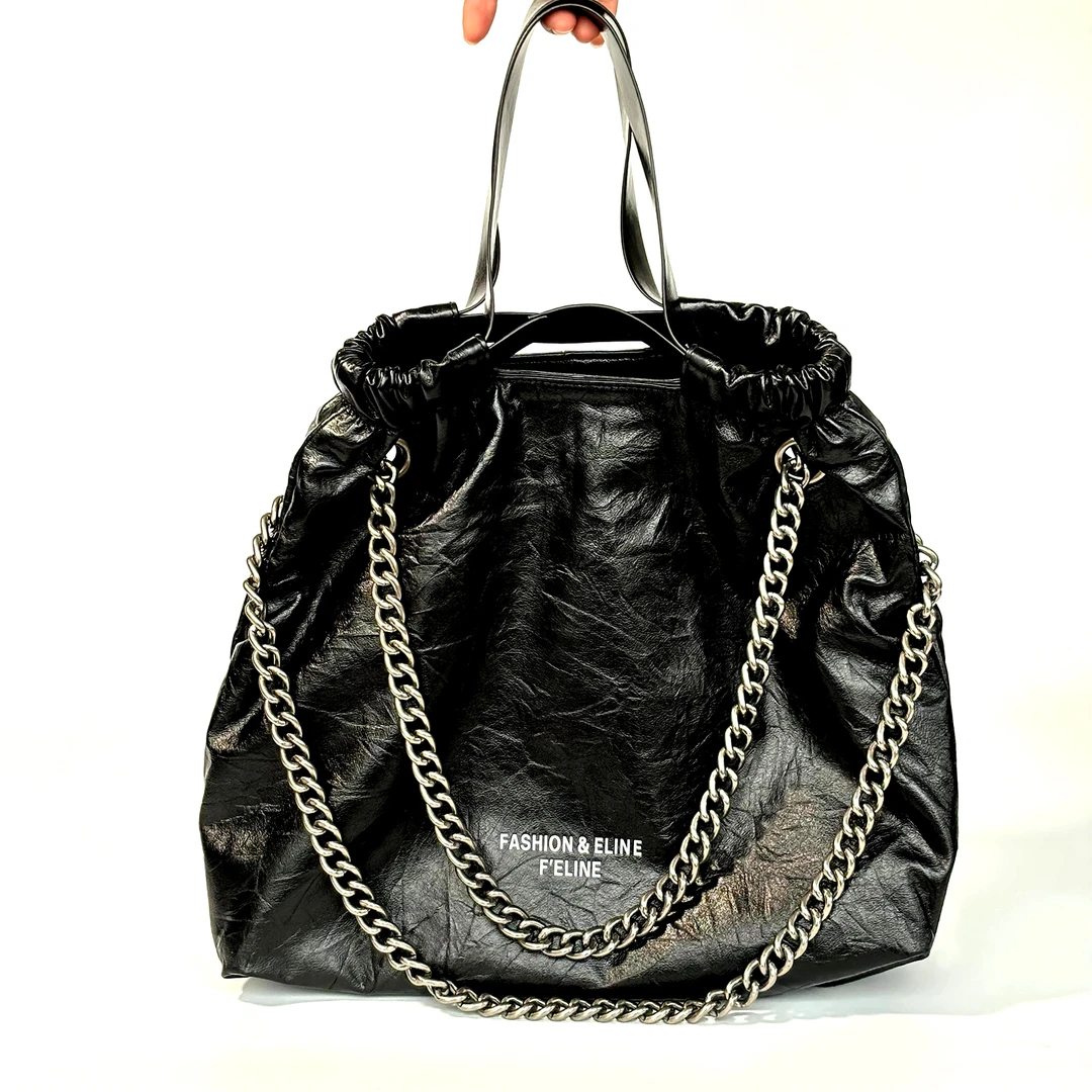 垃圾袋 头层牛皮时尚女包单肩腋下包链条轻便黑色复古时髦百搭