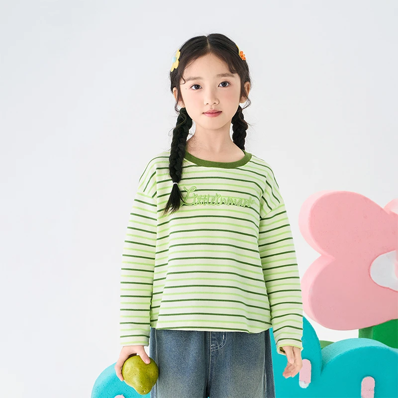 小茵曼女童条纹t恤立体2025秋中大童圆领休闲上衣打底衫GO3851208