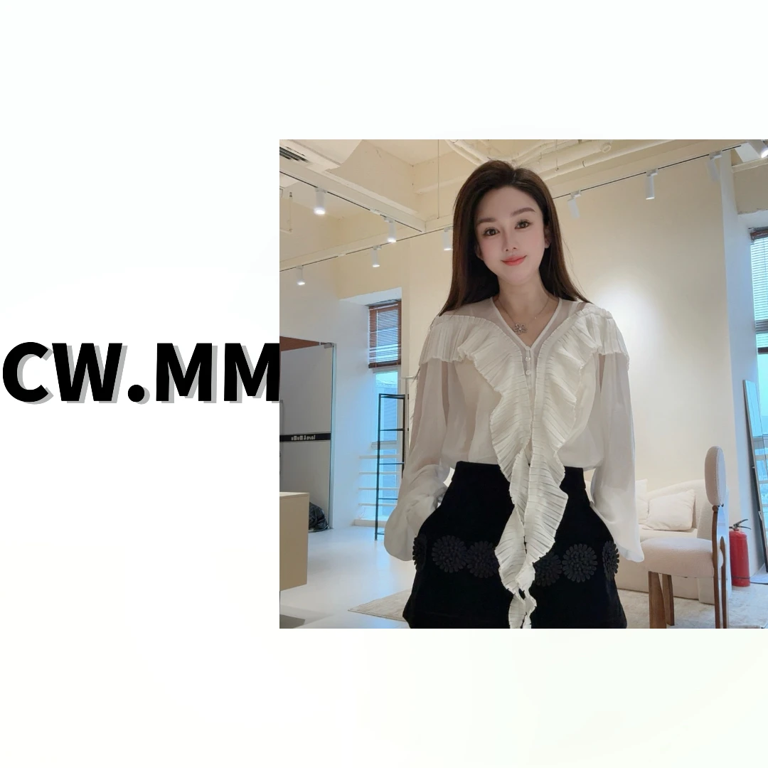 CW.MM 白色洋气法式飘带宽松设计感长袖上衣