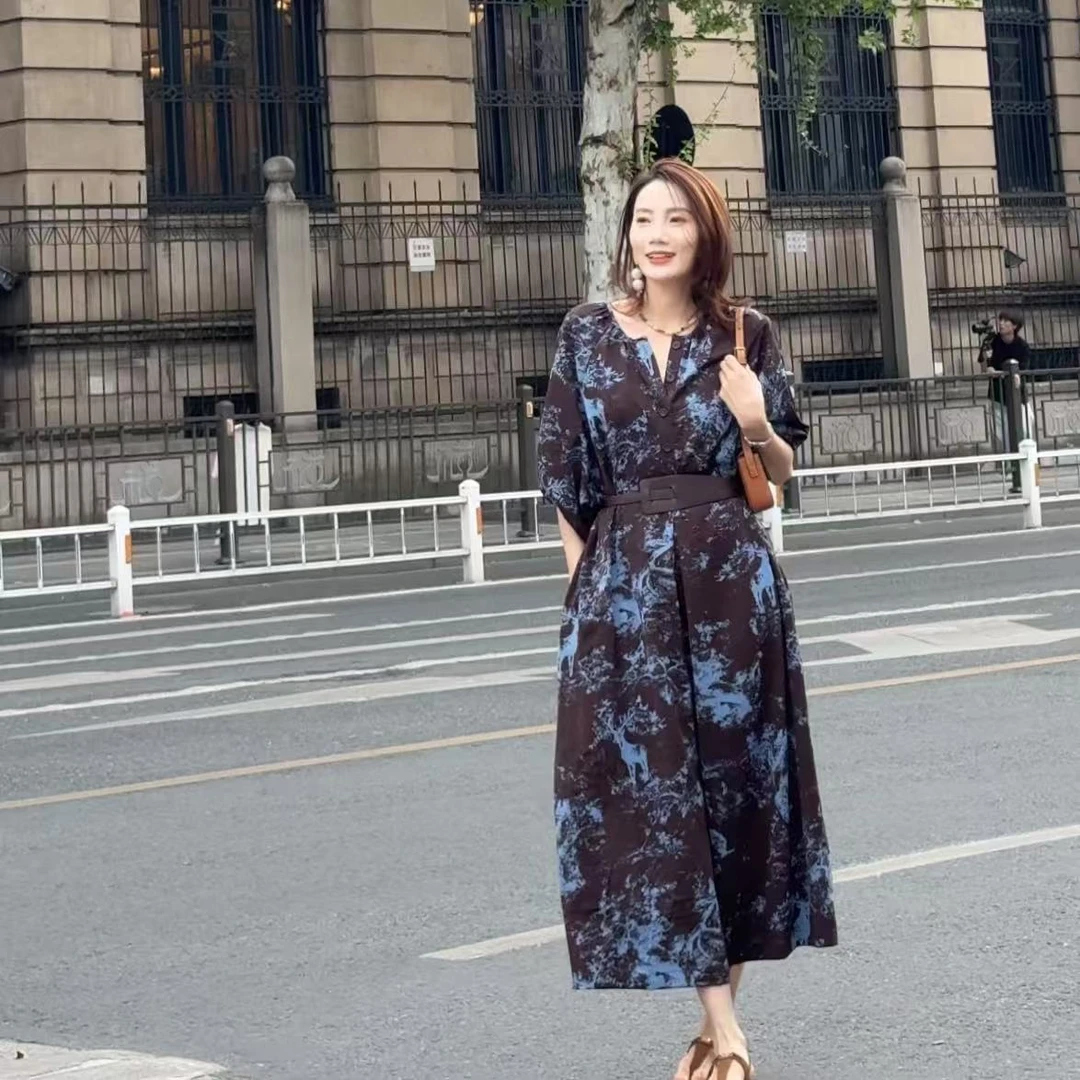 高品质夏季新款气质收腰显瘦晕染花色连衣裙685