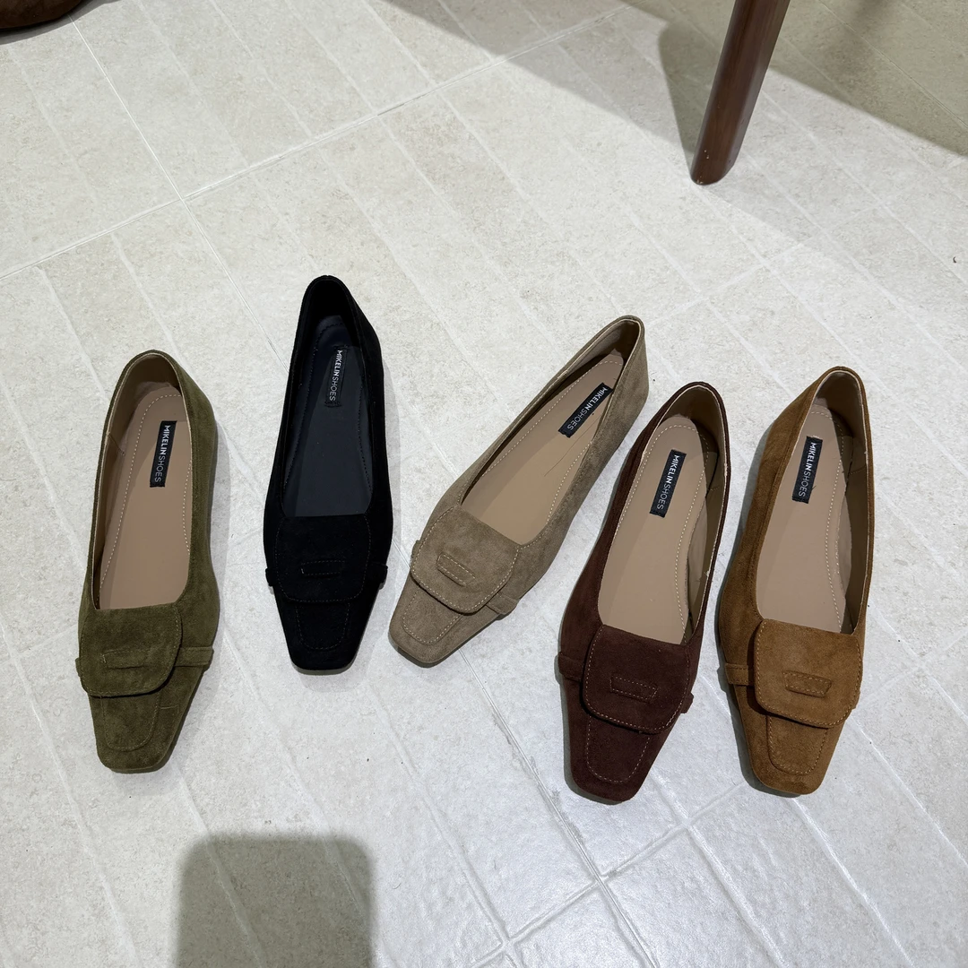 2025秋冬新款韩系小方头一脚蹬浅口平底鞋百搭绒面显瘦软底单鞋女