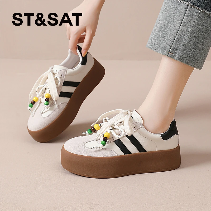 星期六真皮厚底增高德训鞋女港风复古2025秋季彩珠双系带休闲板鞋