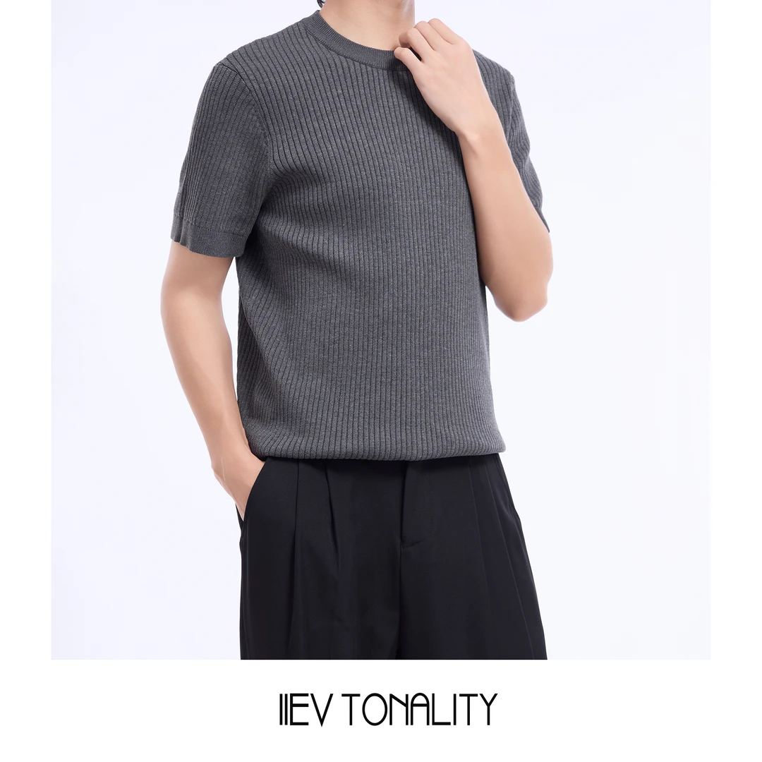 11EV 夏季凉感透气老钱风圆领竖纹纯色针织衫男基础百搭短袖T桖