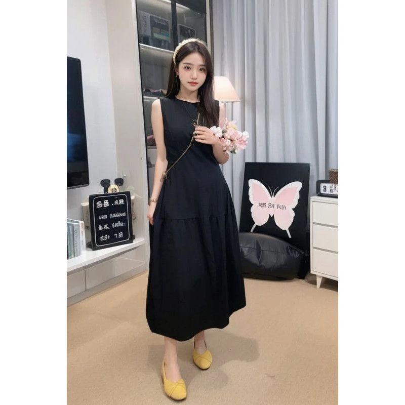 花苞无袖背心连衣裙2025夏季小个子黑色通勤收腰长裙