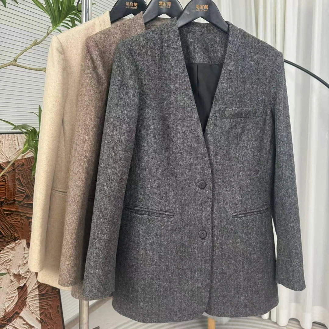 【禾诺】冬季设计师款女士羊毛无领西装轻奢简约优雅百搭显高显瘦显