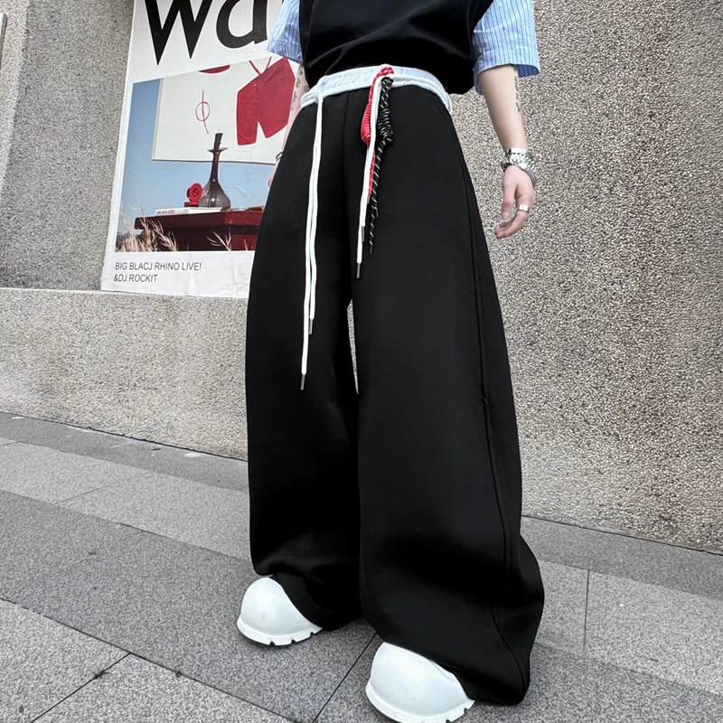 2025春夏美式高街阔腿卫裤男小众腰头撞色织带装饰休闲运动长裤潮