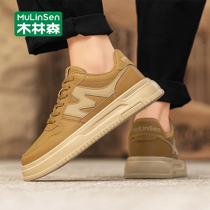木林森男鞋2025新款秋季潮百搭休闲板鞋英伦厚底运动小麦色工作鞋