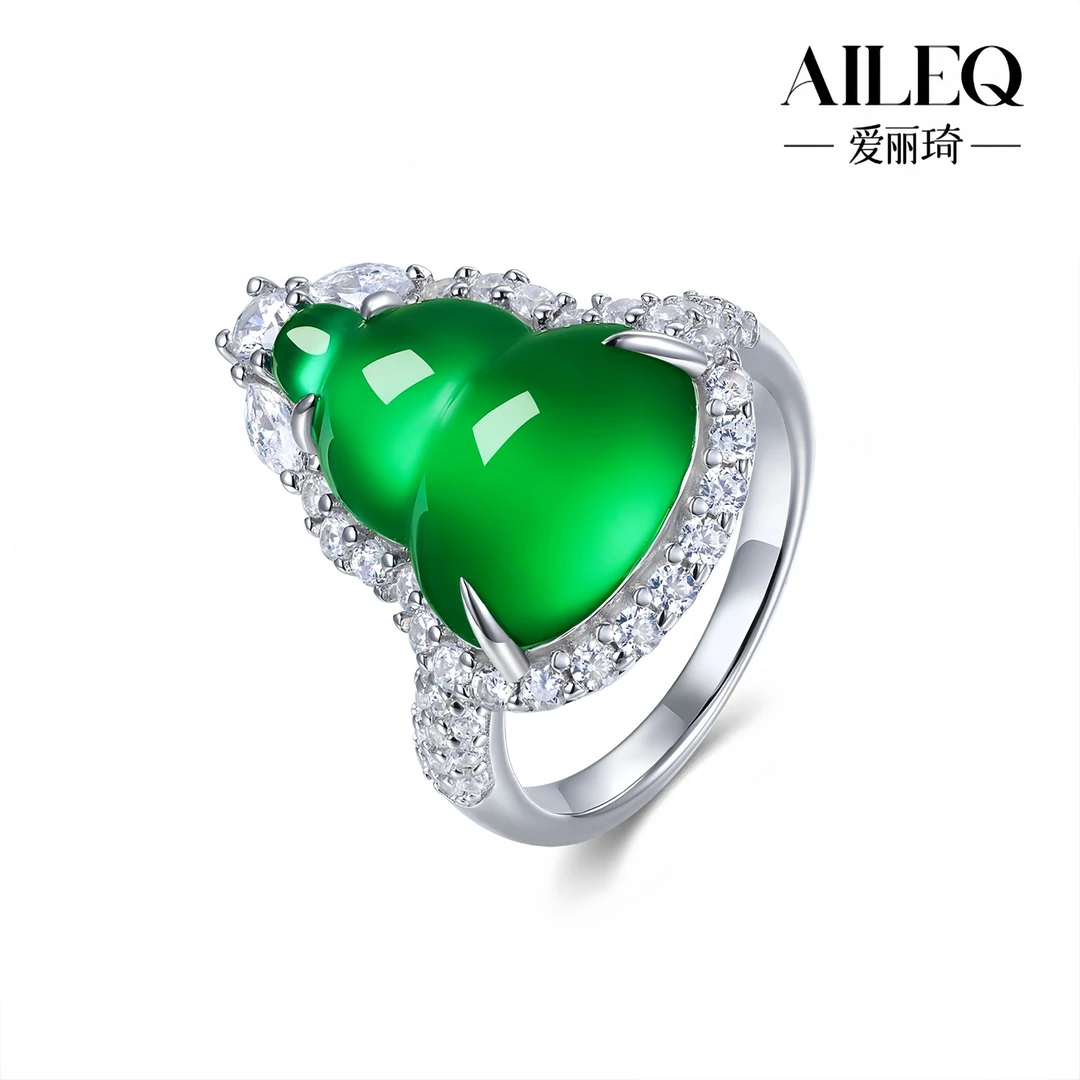 AILEQ925银天然玉髓满绿星钻葫芦福禄指环欧若风戒指时尚珠宝直播