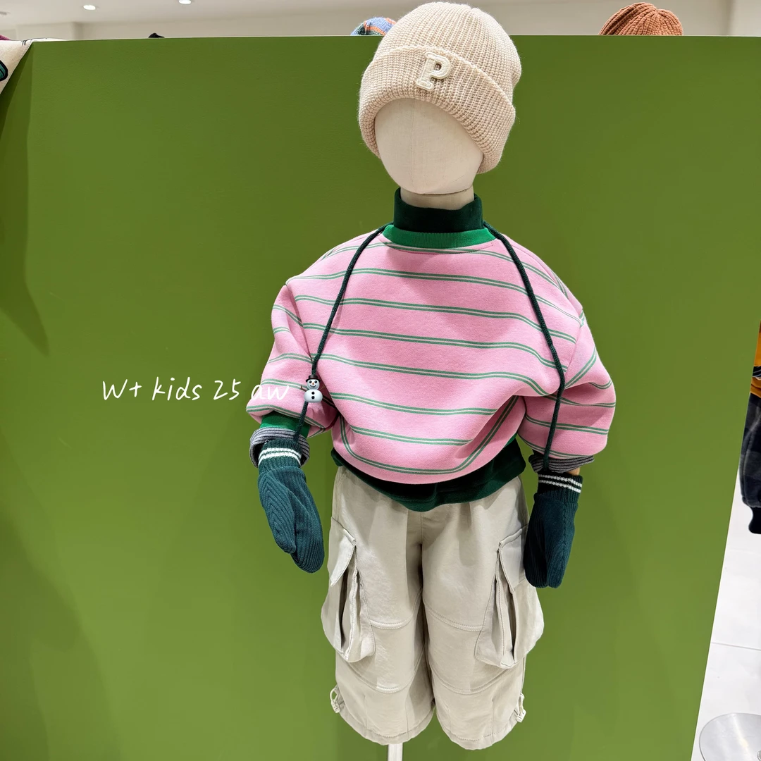 【W+原创童装】儿童韩版男女可穿 粉色条纹套头圆领加绒卫衣 A88036