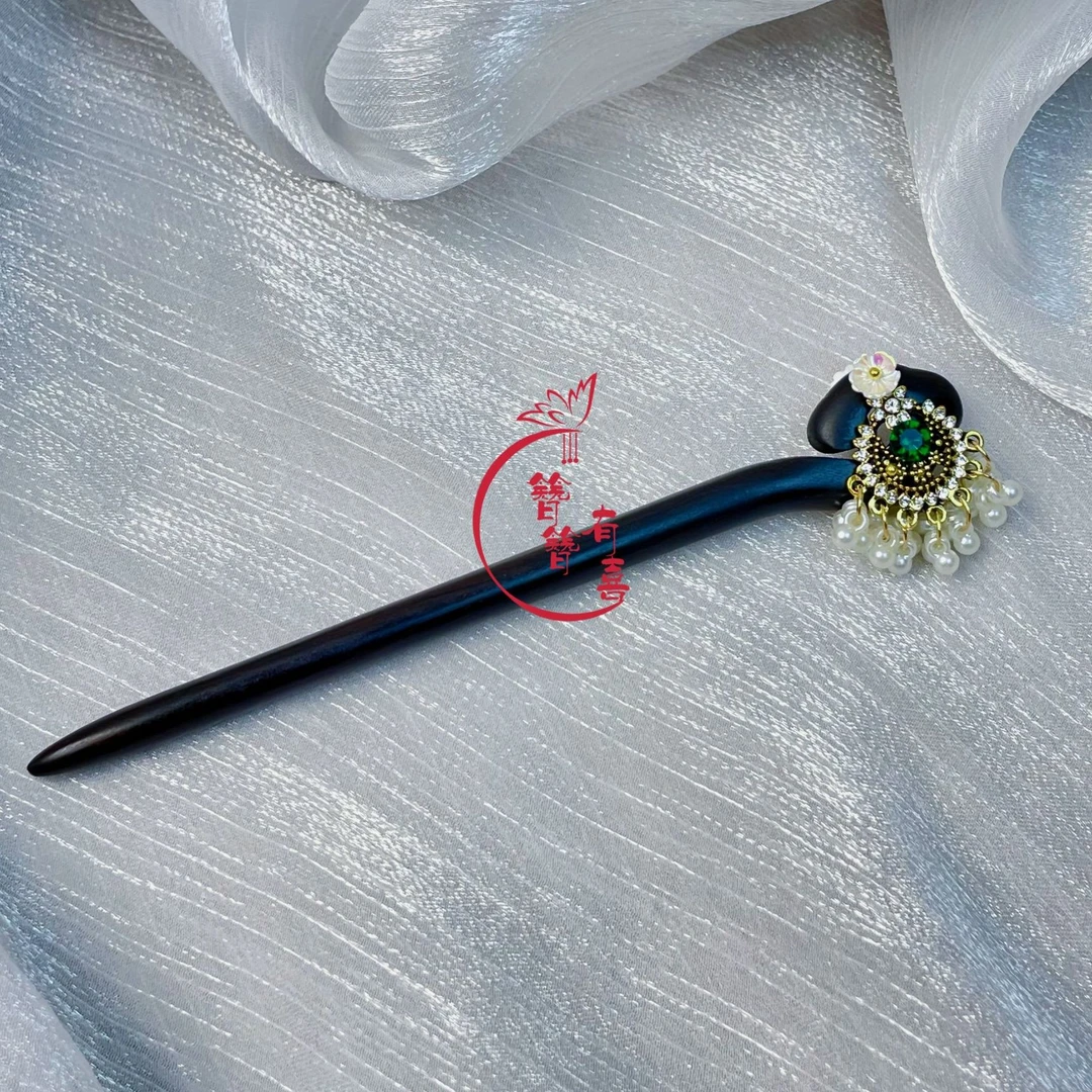 15厘米黑檀木发簪珠珠流苏步摇簪子日常百搭发饰精致小巧盘发簪