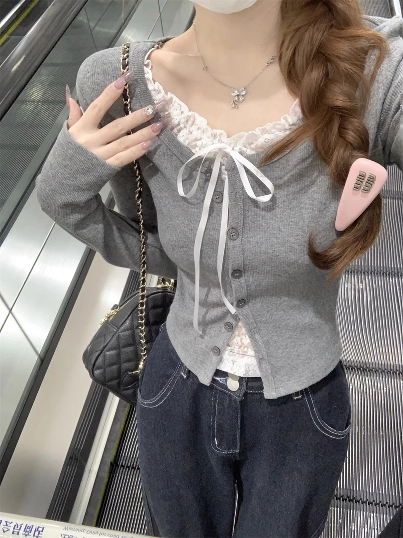 【婷婷专属】2025春秋新款韩版t恤纯欲风拼接蕾丝短款上衣723