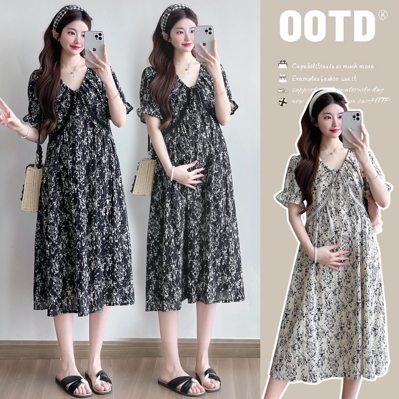 2025孕妇装夏款新款洋气连衣裙宽松气质碎花显瘦夏季中长款裙子
