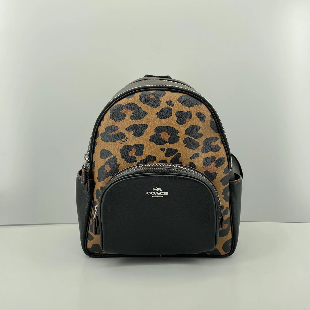 95新 COACH/蔻驰 黑拼老花豹纹双肩包27*32*11cmE010314