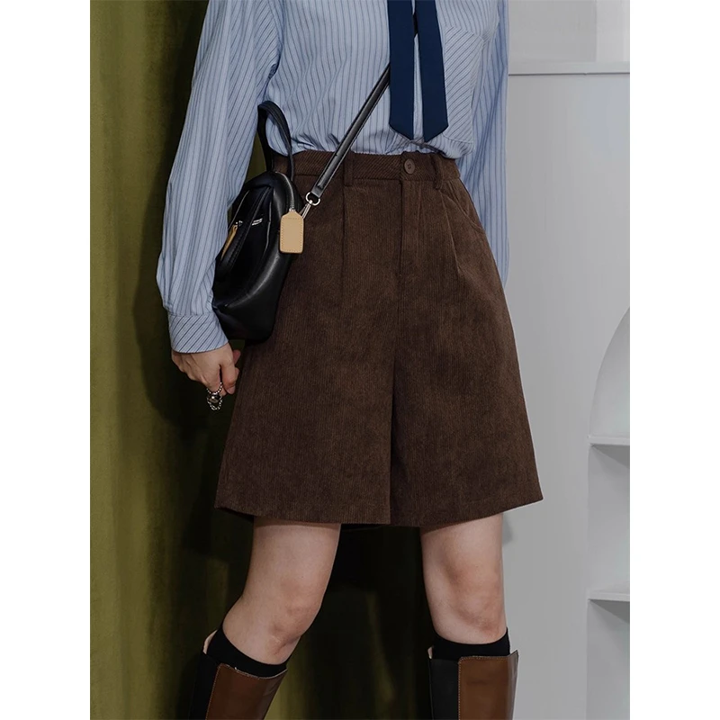 高腰直筒五分裤女不对称中裤宽松百搭条绒西装款灯芯绒休闲短裤