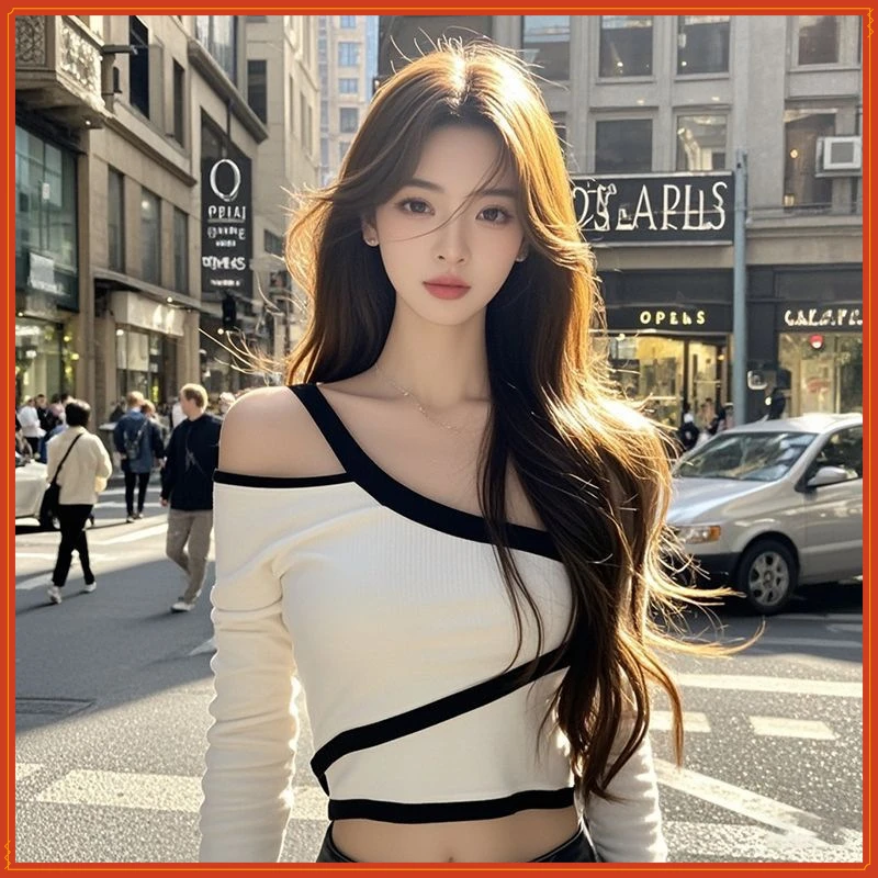 早秋辣妹时尚设计感长袖T恤2024新款修身显瘦小众镂空斜肩上衣ins