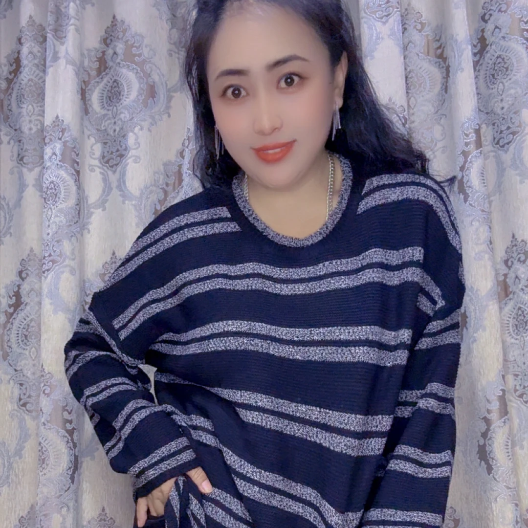 2秋季女装毛针织衫套头宽松休闲不褪色长袖针织条纹秋冬