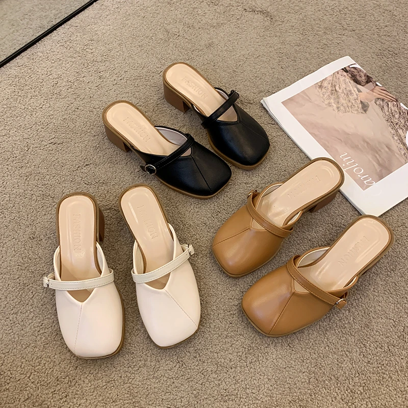 ins高跟女夏外穿拖鞋韩版包头拖粗跟ol包头凉拖法式