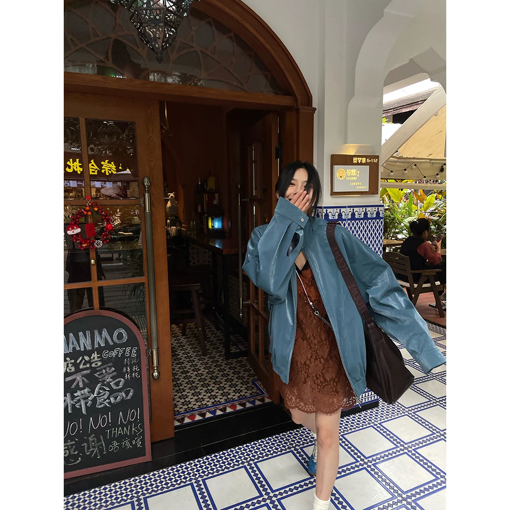 JCCC影子【波罗的海】蓝色丝光PU皮飞行员夹克短外套JE4LPW10