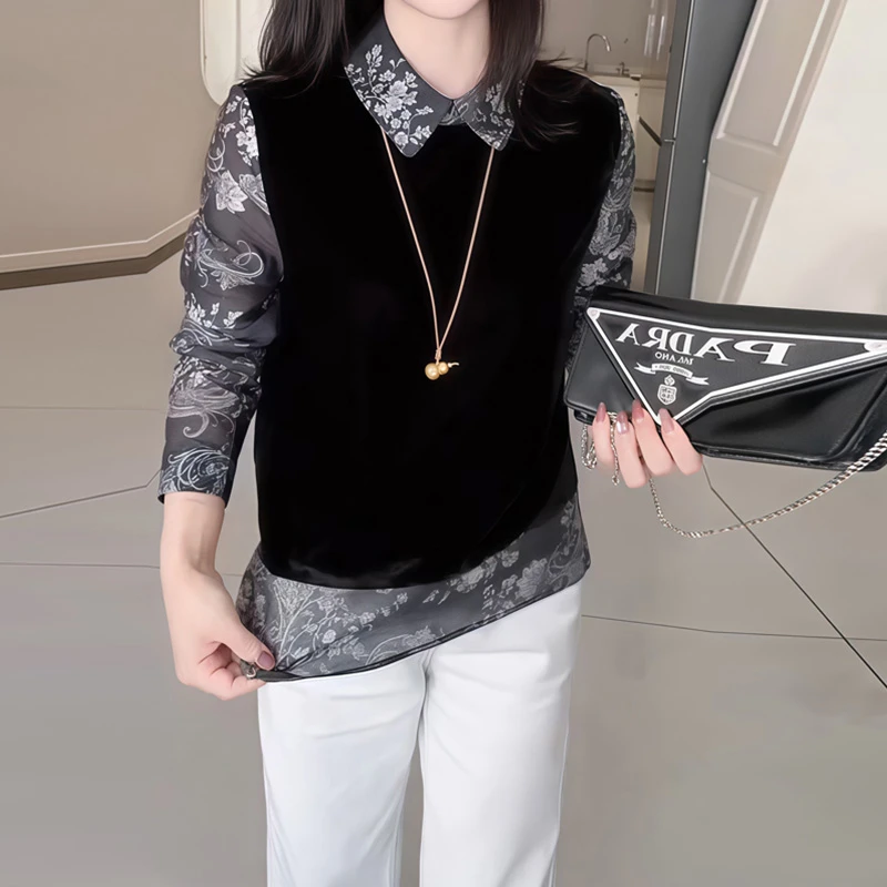 2025年秋冬新款撞色衬衫女POLO领长袖洋气花色时尚减龄打底衫上衣