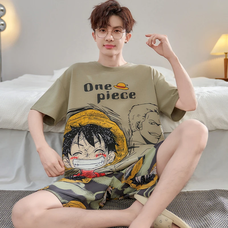 睡衣男款夏季纯棉短袖薄款青少年大码宽松全棉卡通动漫男士家居服