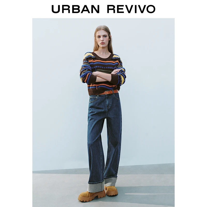 UR2025秋季新款女装复古慵懒风撞色线条毛边针织衫UYL950005