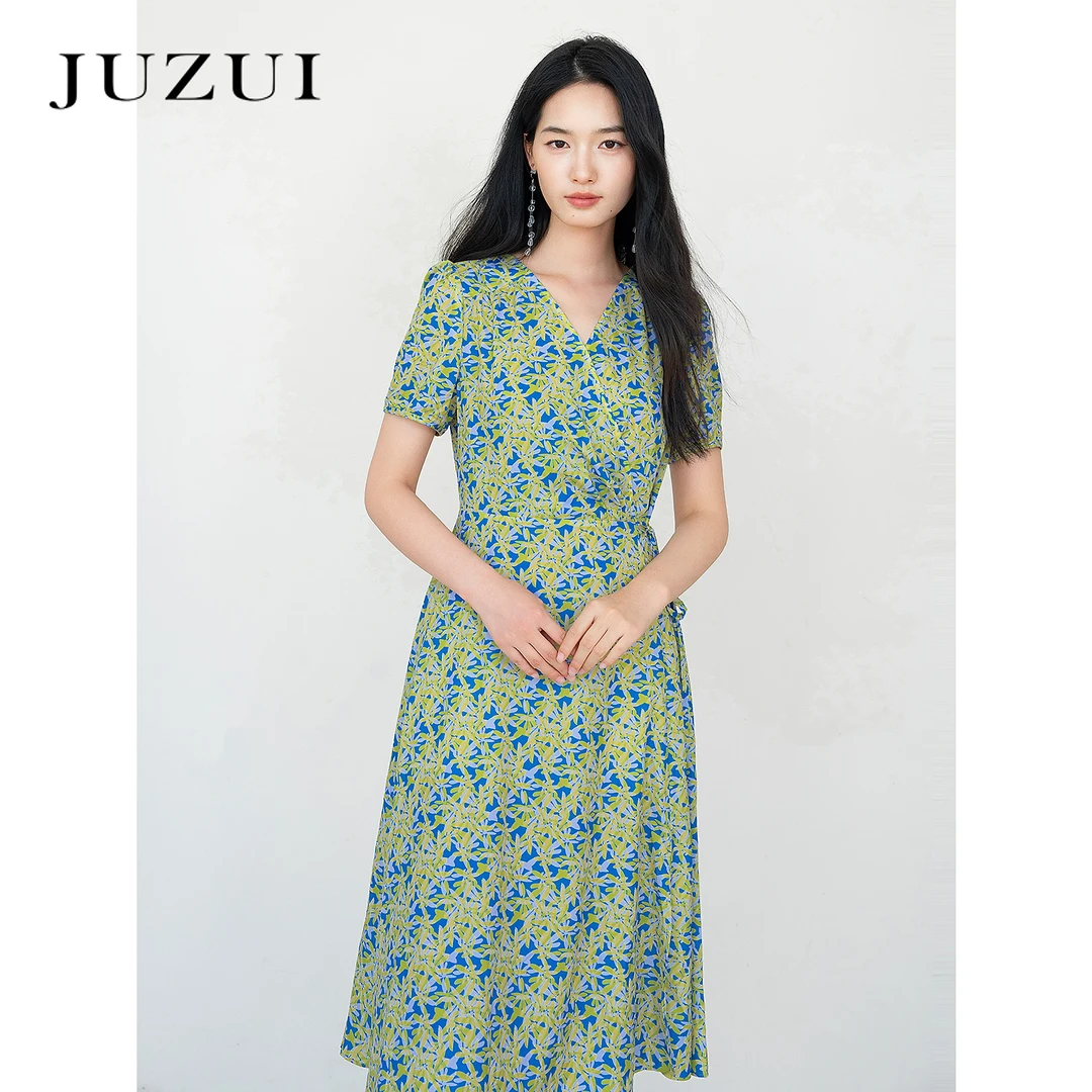 JUZUI玖姿时髦洋气撞色印花收腰连衣裙女2025夏季新款JYFX50032